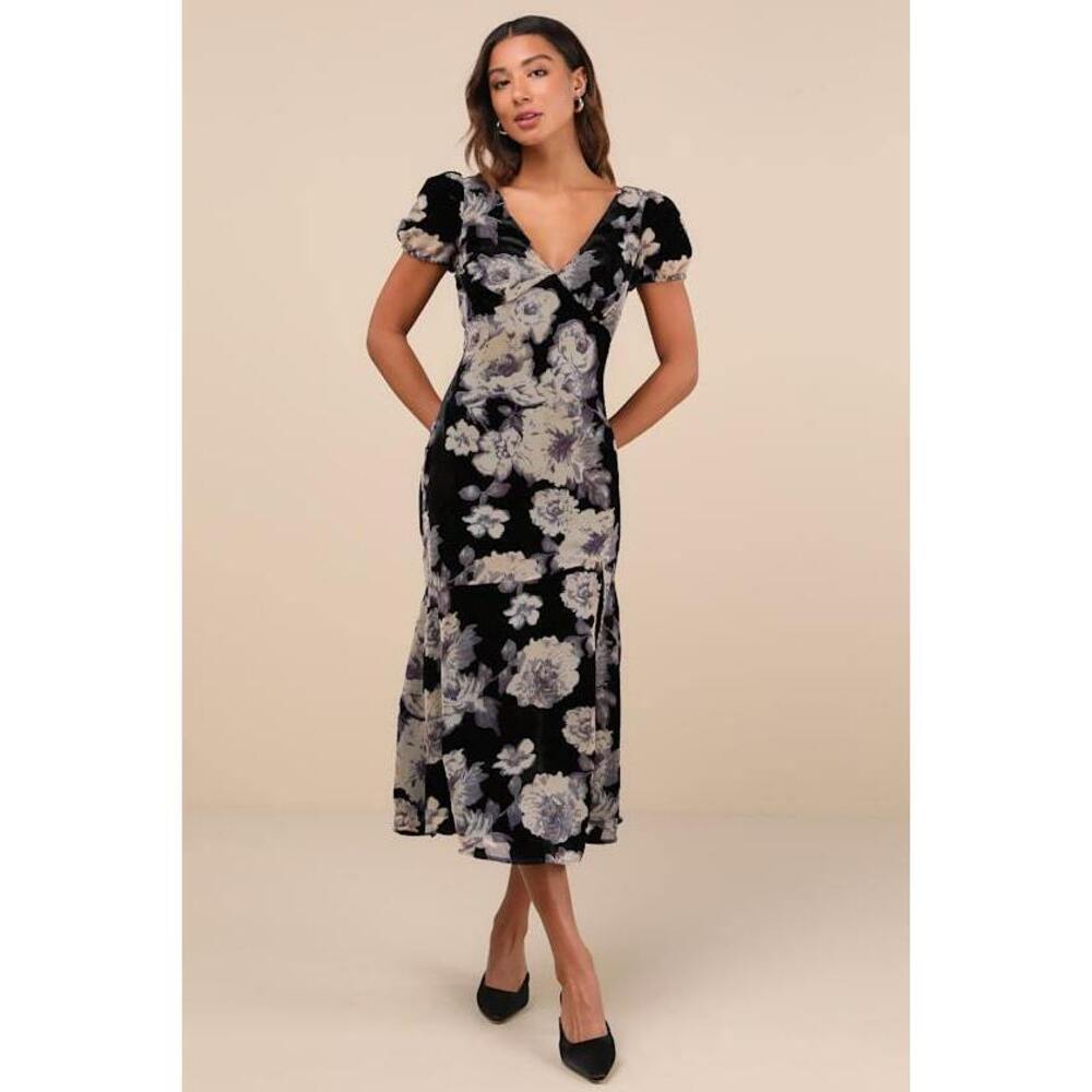 NWOT Lulus Real Lovely Black Floral Burnout Velvet Midi Dress - Size L